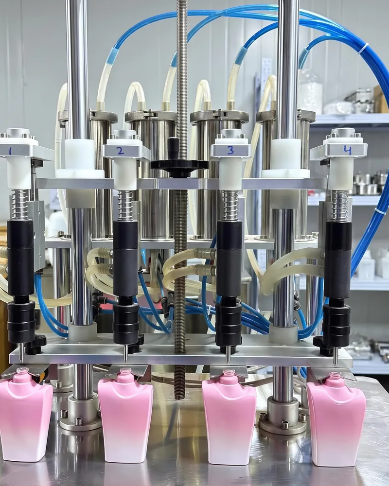 Four-head piston filling at the Luxury Line Perfumes factory